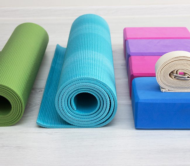 yoga props blocks, strap, mat and towel
